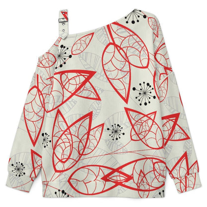 Off-the-shoulder Sweater Red Leaves, Flowers, Pattern Design  Asymmetric Cold Shoulder Knit Sweater for Women, Adjustable Buckle Strap Long Sleeve Casual Slouchy Pullover