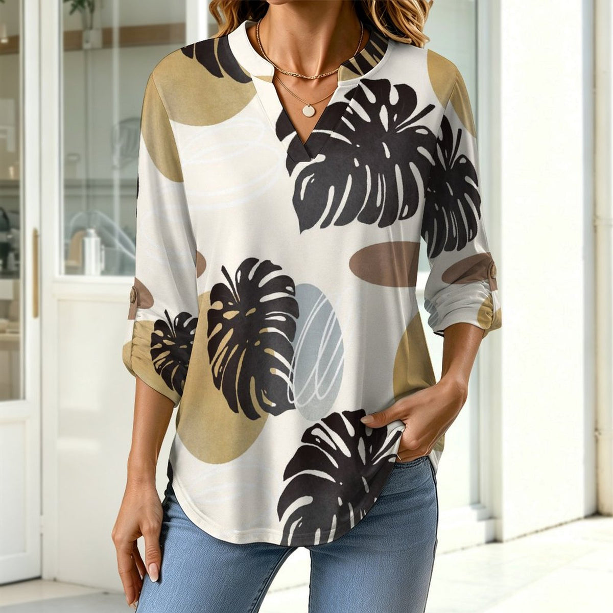 Stand-up Collar Long-sleeved Shirt Morandi Color Plant white SWomen’s V-Neck Blouses