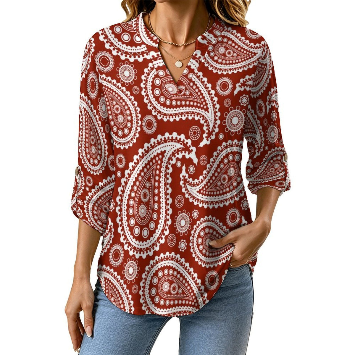 Stand-up Collar Long-sleeved Shirt Paisley  Customization Women’s V-Neck Blouses,long Sleeve,Roll-Up Sleeve Shirt