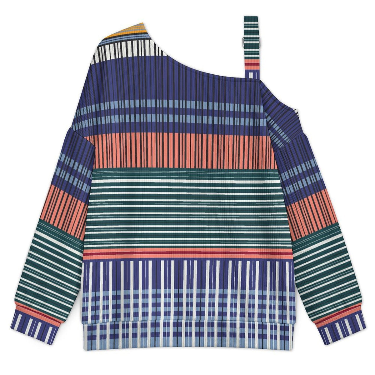 Off-the-shoulder Sweater Color Stripe  Asymmetric Cold Shoulder Knit Sweater for Women, Adjustable Buckle Strap Long Sleeve Casual Slouchy Pullover