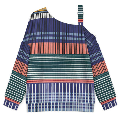 Off-the-shoulder Sweater Color Stripe  Asymmetric Cold Shoulder Knit Sweater for Women, Adjustable Buckle Strap Long Sleeve Casual Slouchy Pullover