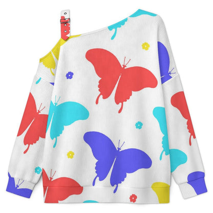 Off-the-shoulder Sweater Butterfly-color-red-blue-yellow-repeat  Asymmetric Cold Shoulder Knit Sweater for Women, Adjustable Buckle Strap Long Sleeve Casual Slouchy Pullover