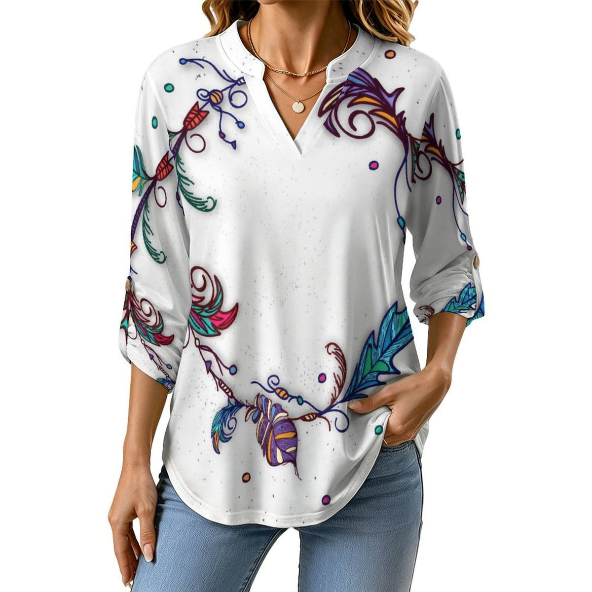 Stand-up Collar Long-sleeved Shirt Feathers  Customization Women’s V-Neck Blouses,long Sleeve,Roll-Up Sleeve Shirt