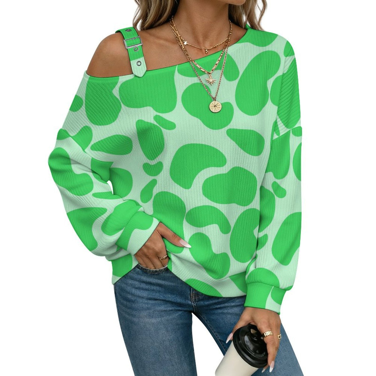 Off-the-shoulder Sweater Pattern-Cow-green-Repeat  Asymmetric Cold Shoulder Knit Sweater for Women, Adjustable Buckle Strap Long Sleeve Casual Slouchy Pullover