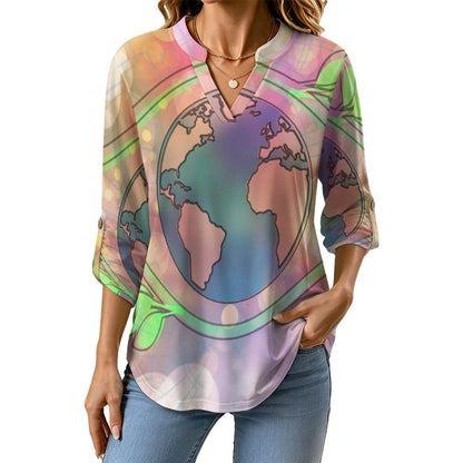 Stand-up Collar Long-sleeved Shirt Plants, Protect The Earth  Customization Women’s V-Neck Blouses,long Sleeve,Roll-Up Sleeve Shirt