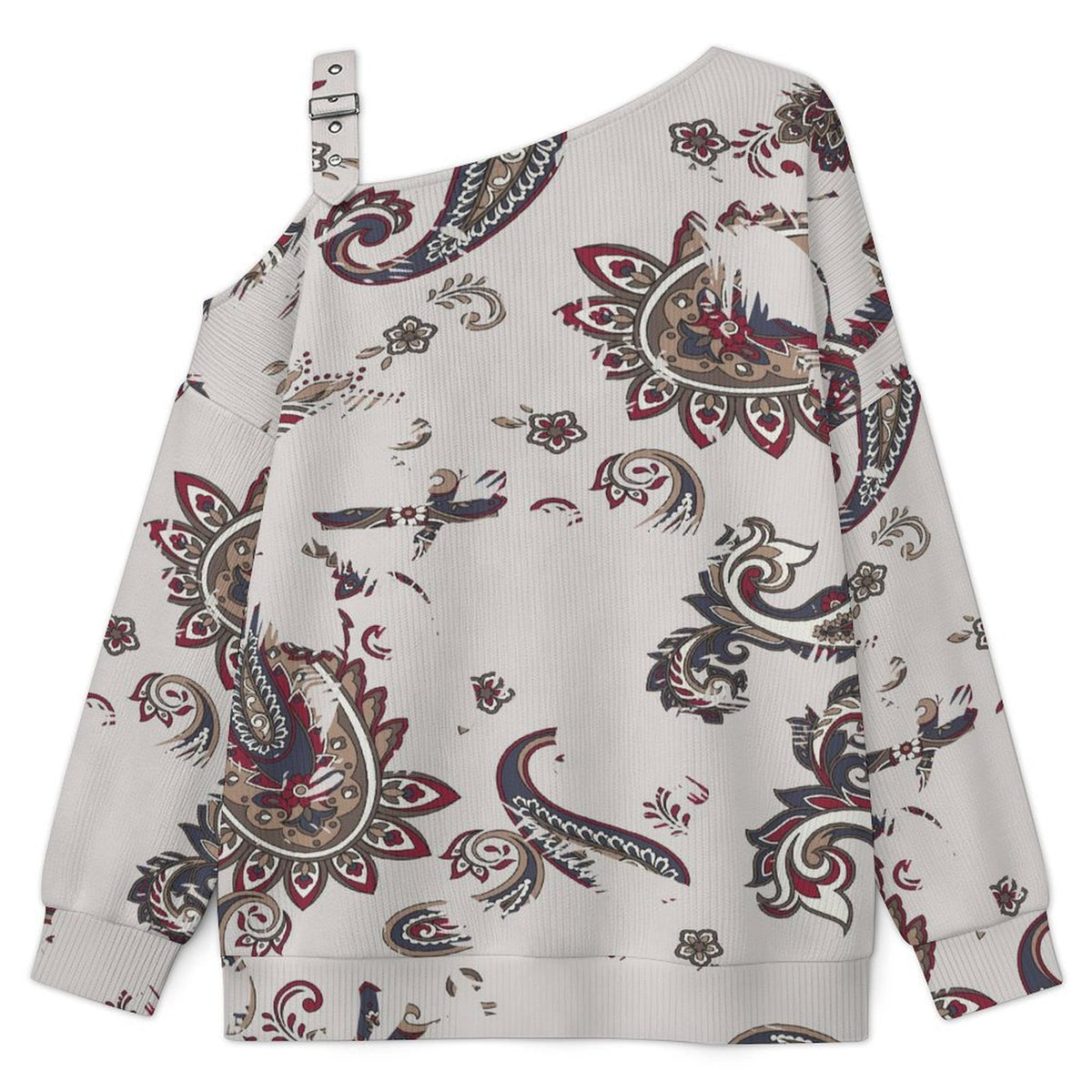 Off-the-shoulder Sweater Exotic Ethnic Pattern  Asymmetric Cold Shoulder Knit Sweater for Women, Adjustable Buckle Strap Long Sleeve Casual Slouchy Pullover