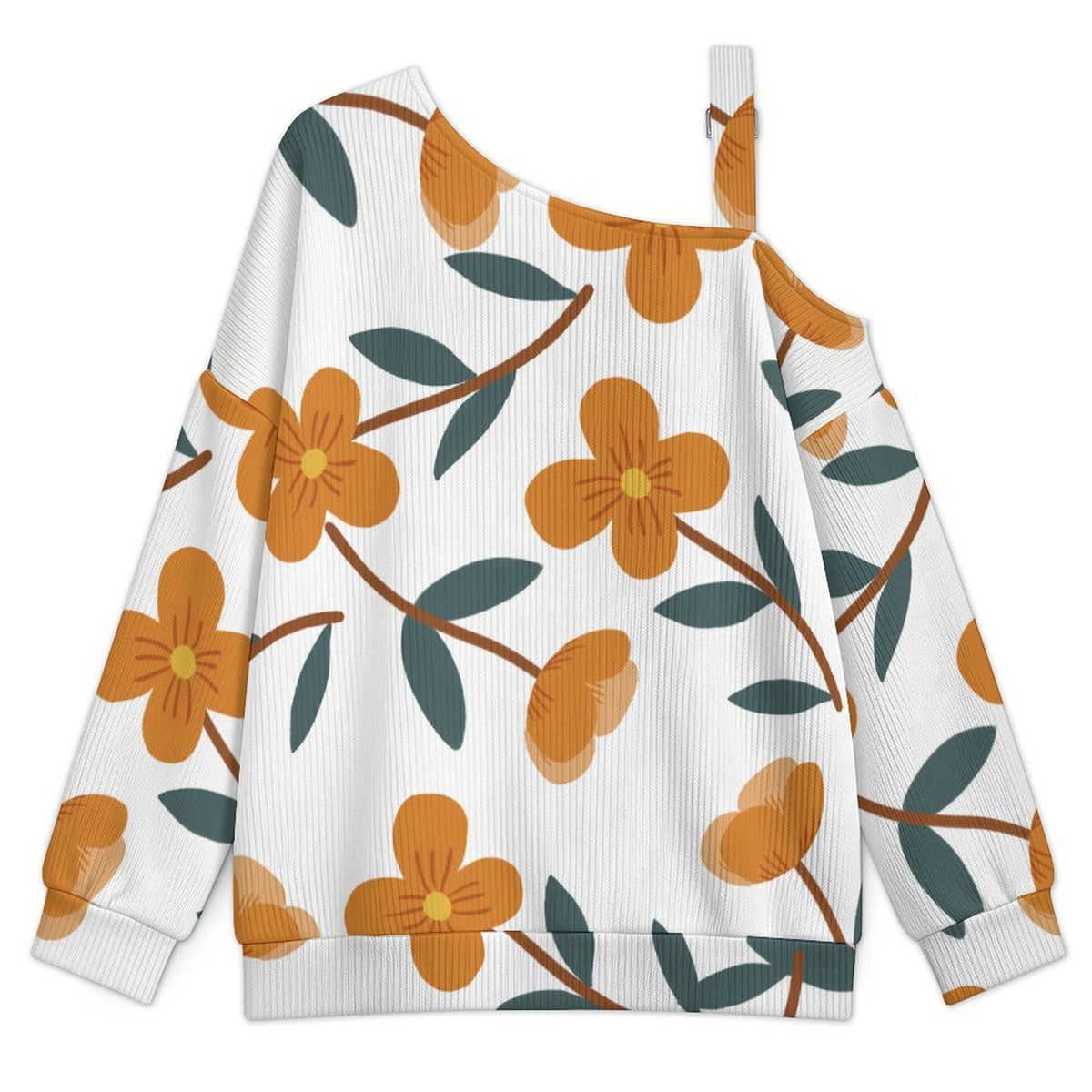 Off-the-shoulder Sweater Orange Flower Tile Decorative Pattern  Asymmetric Cold Shoulder Knit Sweater for Women, Adjustable Buckle Strap Long Sleeve Casual Slouchy Pullover