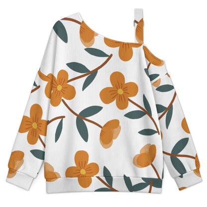 Off-the-shoulder Sweater Orange Flower Tile Decorative Pattern  Asymmetric Cold Shoulder Knit Sweater for Women, Adjustable Buckle Strap Long Sleeve Casual Slouchy Pullover
