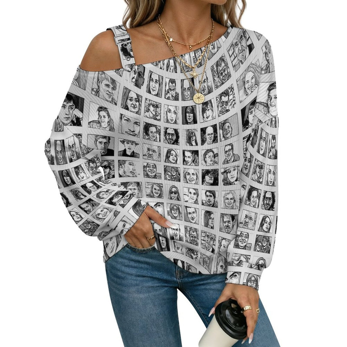 Illustration, Sketch, Figure Buckle Strap Asymmetrical Off Shoulder Knit Sweater