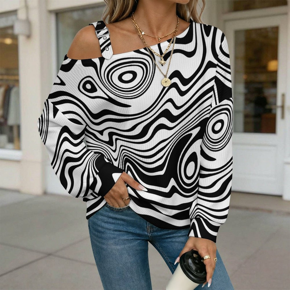 Women’s Off-Shoulder Knit Sweater Zebra Pattern
