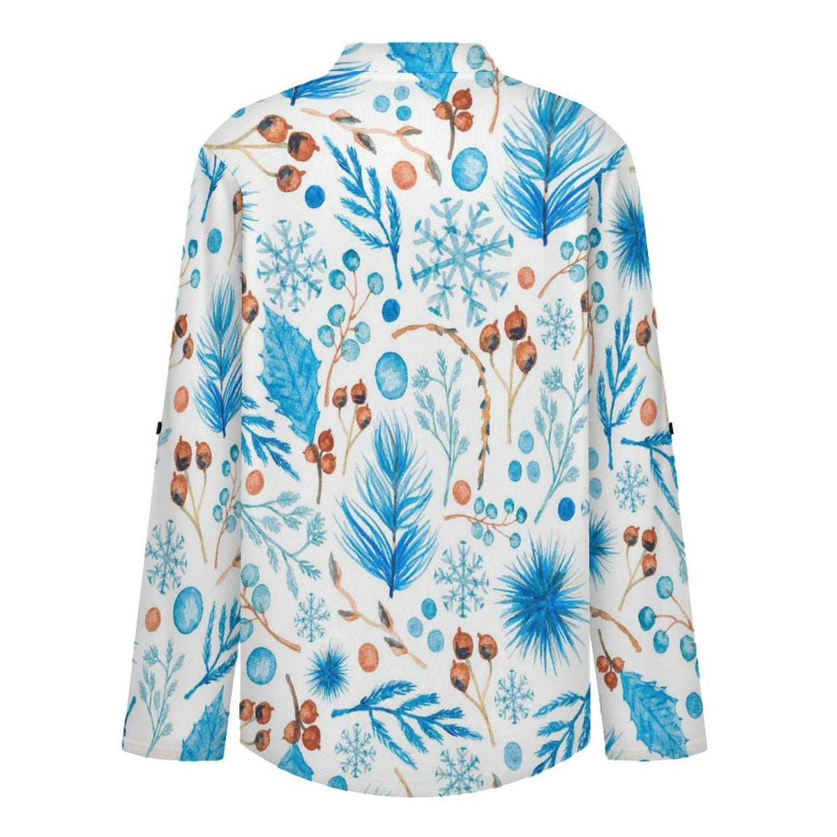 Stand-up Collar Long-sleeved Shirt Blue Leaves And Fruits  Customization Women’s V-Neck Blouses,long Sleeve,Roll-Up Sleeve Shirt