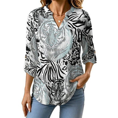 Stand-up Collar Long-sleeved Shirt Tiger Pattern, Repeating Pattern  Customization Women’s V-Neck Blouses,long Sleeve,Roll-Up Sleeve Shirt