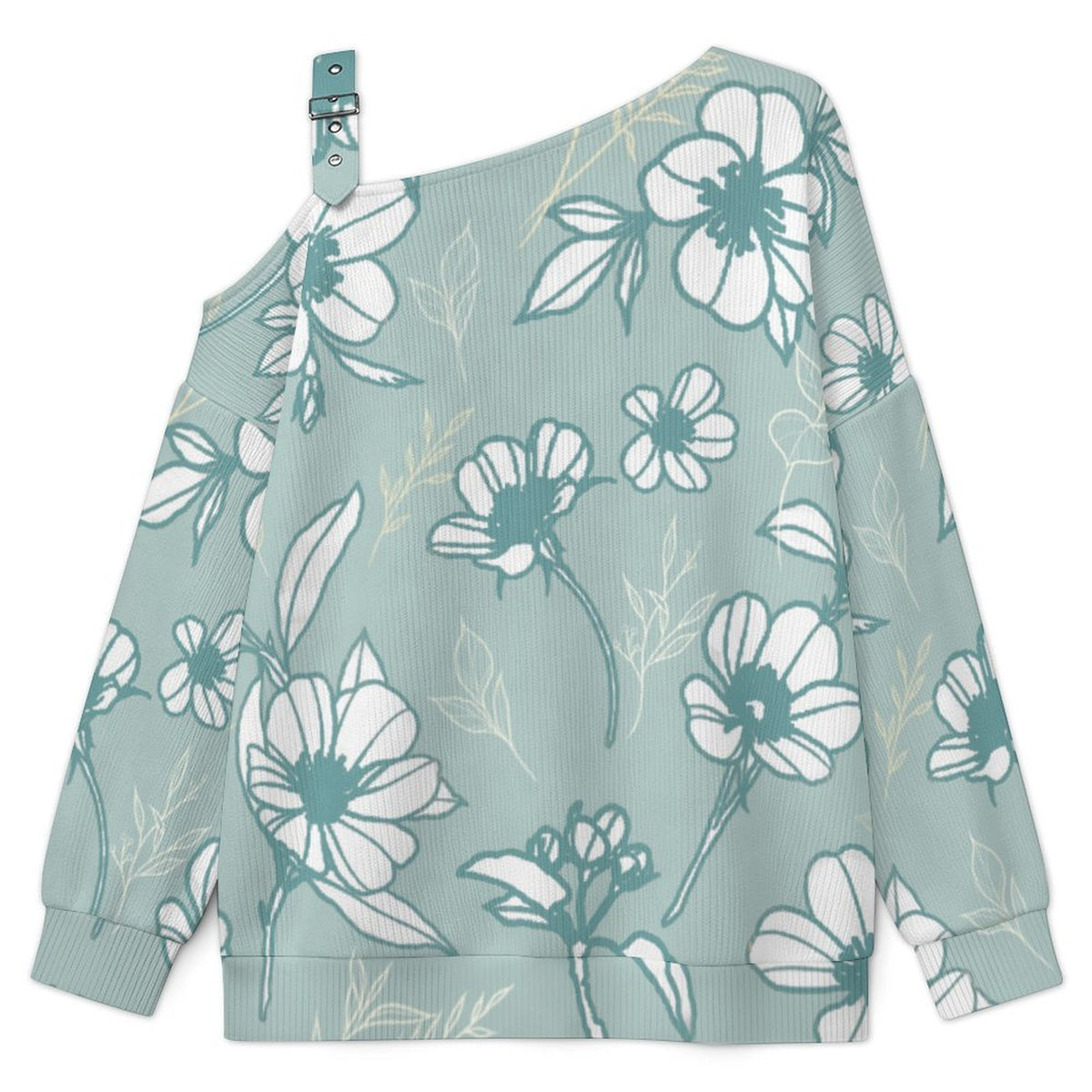 Off-the-shoulder Sweater Blue Elegant Flowers  Asymmetric Cold Shoulder Knit Sweater for Women, Adjustable Buckle Strap Long Sleeve Casual Slouchy Pullover