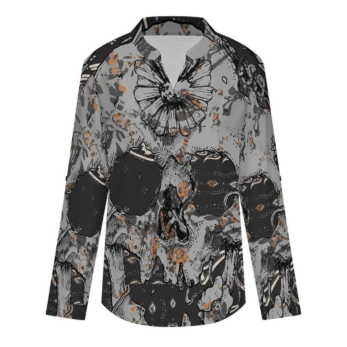 Stand-up Collar Long-sleeved Shirt Skul,folk-customl,totem  Customization Women’s V-Neck Blouses,long Sleeve,Roll-Up Sleeve Shirt
