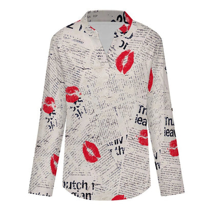 Versatile Notched V-Neck Tunic  Roll Tab 3/4 Sleeve Office Casual Top  Newspaper Red Lip Print Blue Letters