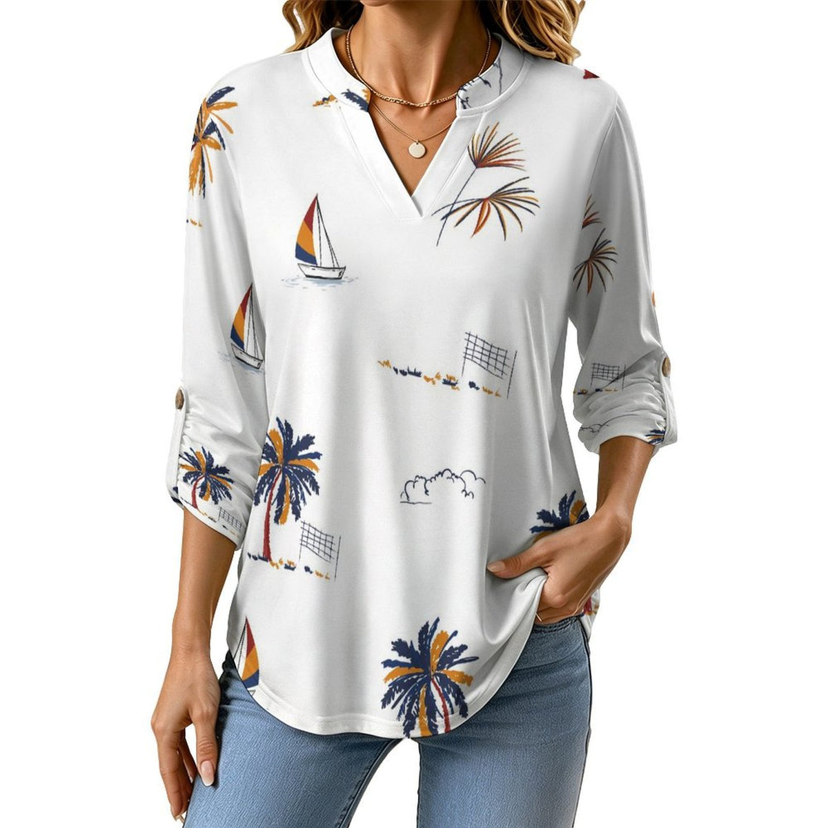 Summer Coconut Sailboat  Versatile Notched V-Neck Tunic | Roll Tab 3/4 Sleeve Office Casual Top