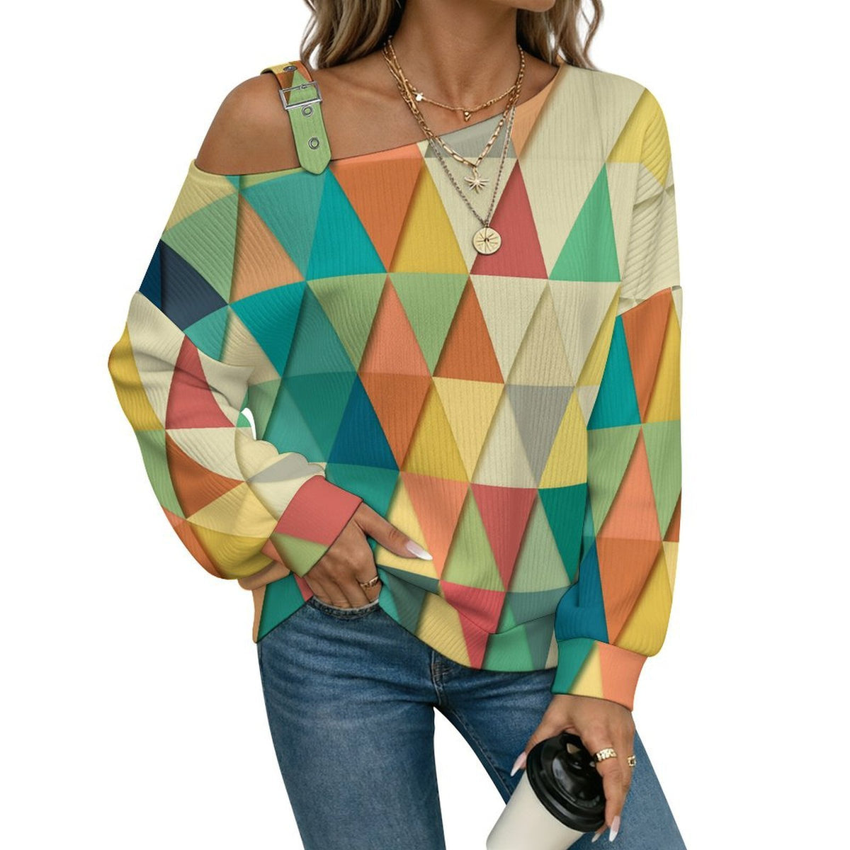 Off-the-shoulder Sweater Colorful Geometric Figures  Asymmetric Cold Shoulder Knit Sweater for Women, Adjustable Buckle Strap Long Sleeve Casual Slouchy Pullover