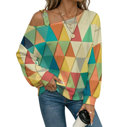 Off-the-shoulder Sweater Colorful Geometric Figures  Asymmetric Cold Shoulder Knit Sweater for Women, Adjustable Buckle Strap Long Sleeve Casual Slouchy Pullover
