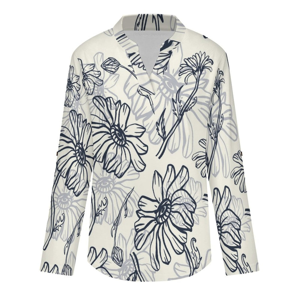 Stand-up Collar Long-sleeved Shirt Pattern, Ink  Customization Women’s V-Neck Blouses,long Sleeve,Roll-Up Sleeve Shirt