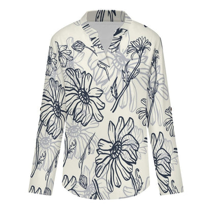 Stand-up Collar Long-sleeved Shirt Pattern, Ink  Customization Women’s V-Neck Blouses,long Sleeve,Roll-Up Sleeve Shirt