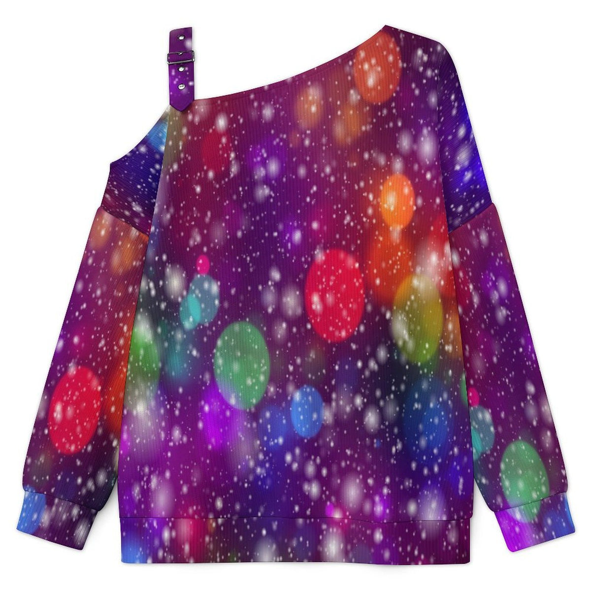 Off-the-shoulder Sweater Colorful Circle  Asymmetric Cold Shoulder Knit Sweater for Women, Adjustable Buckle Strap Long Sleeve Casual Slouchy Pullover