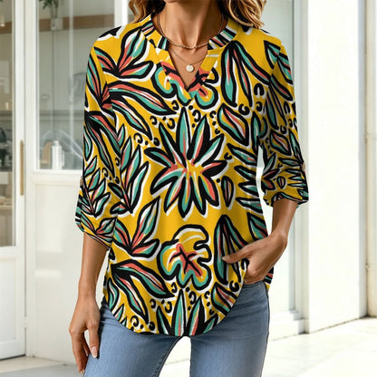 Women Curved Hem V Neck Roll Sleeve Casual Work Top  Floral, Repeating Pattern