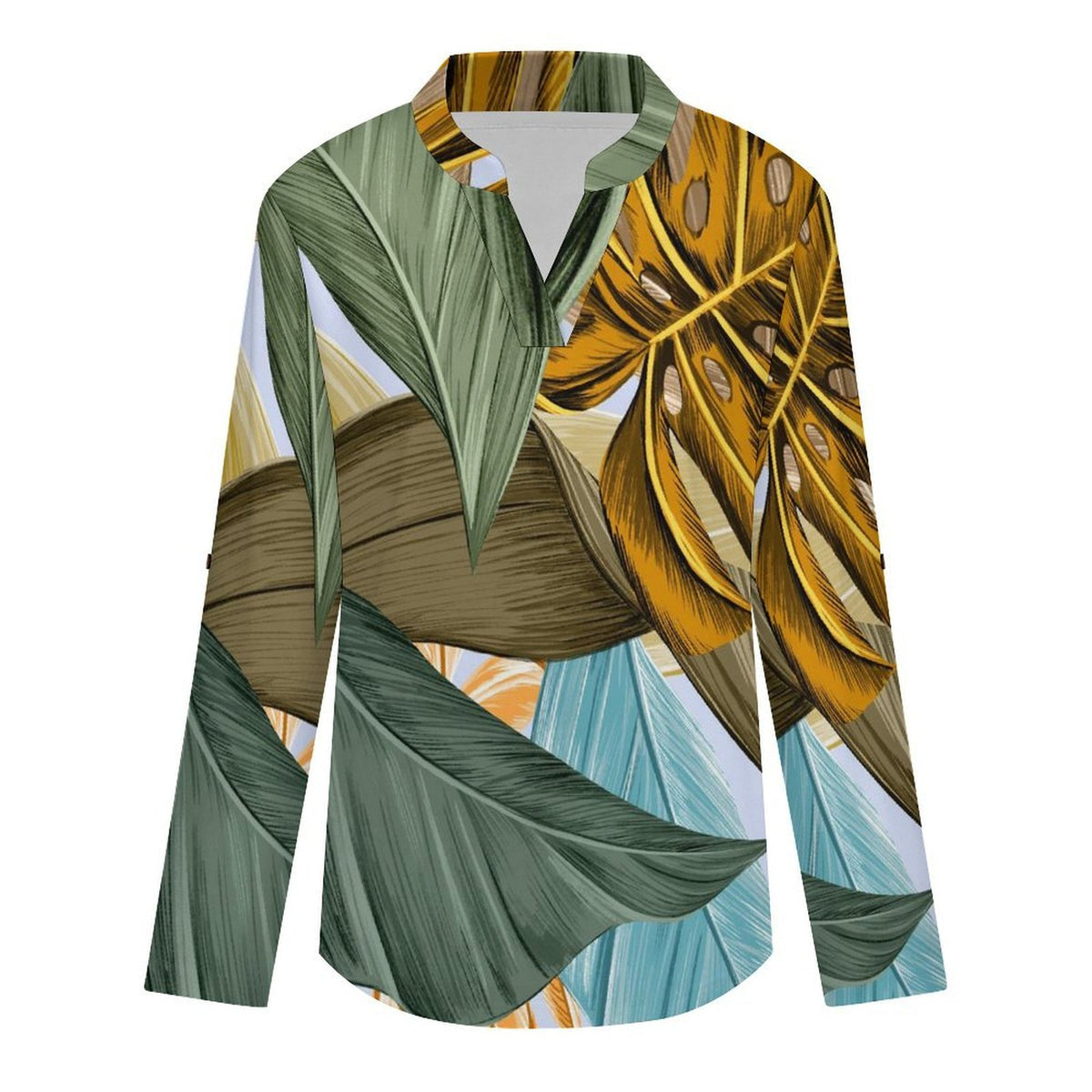 Stand-up Collar Long-sleeved Shirt Leaves, Summer  Customization Women’s V-Neck Blouses,long Sleeve,Roll-Up Sleeve Shirt