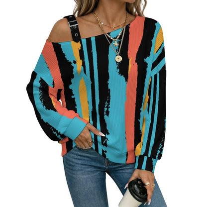 Off-the-shoulder Sweater Color Stripe  Asymmetric Cold Shoulder Knit Sweater for Women, Adjustable Buckle Strap Long Sleeve Casual Slouchy Pullover