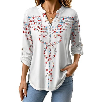 Stand-up Collar Long-sleeved Shirt Graphic Scepter  Customization Women’s V-Neck Blouses,long Sleeve,Roll-Up Sleeve Shirt