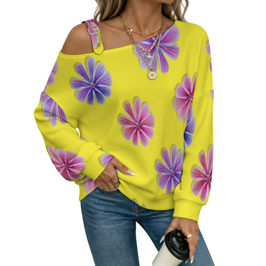Off-the-shoulder Sweater Yellow Background, Purple Flowers  Asymmetric Cold Shoulder Knit Sweater for Women, Adjustable Buckle Strap Long Sleeve Casual Slouchy Pullover