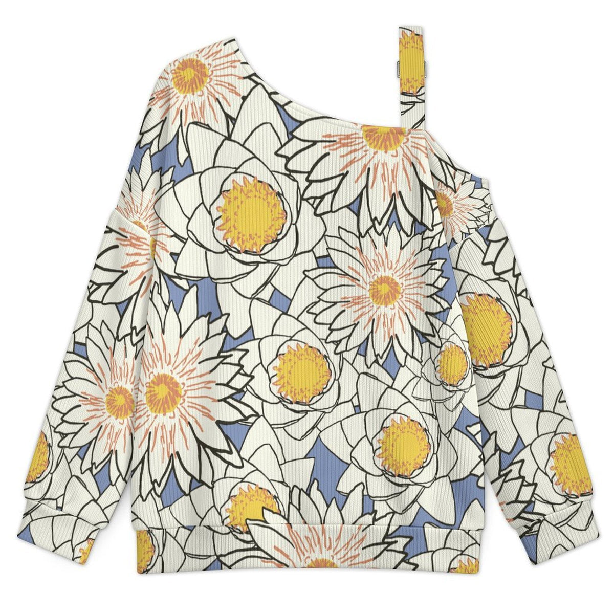 Buckle Strap Asymmetrical Off Shoulder Knit Sweater Flowers