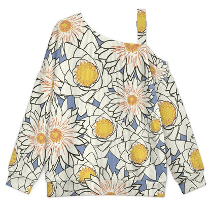 Buckle Strap Asymmetrical Off Shoulder Knit Sweater Flowers