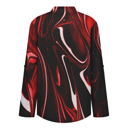 Stand-up Collar Long-sleeved Shirt Red Black Liquid Pattern  Customization Women’s V-Neck Blouses,long Sleeve,Roll-Up Sleeve Shirt