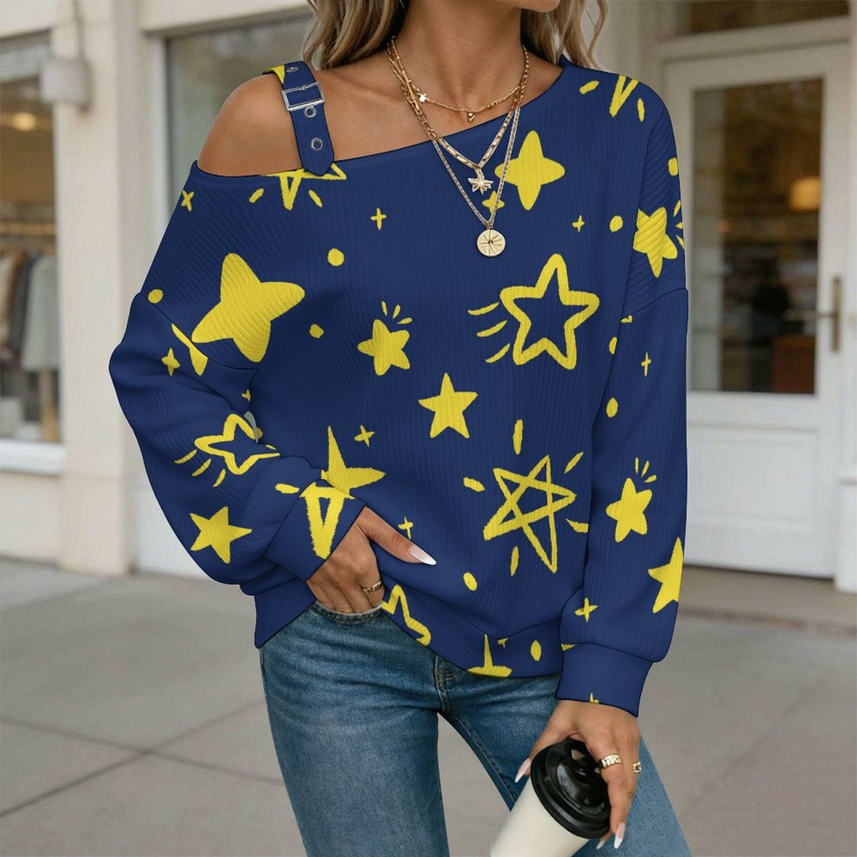 Off-the-shoulder Sweater Pattern-Stars-Cute-Tile Pattern-Blue  Asymmetric Cold Shoulder Knit Sweater for Women, Adjustable Buckle Strap Long Sleeve Casual Slouchy Pullover