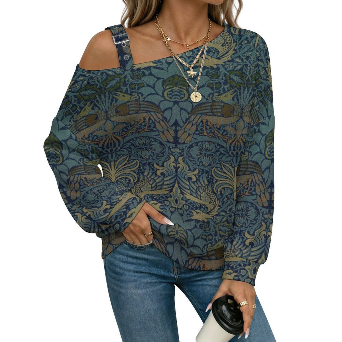 Off-the-shoulder Sweater Chinese Patterns  Asymmetric Cold Shoulder Knit Sweater for Women, Adjustable Buckle Strap Long Sleeve Casual Slouchy Pullover