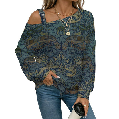 Off-the-shoulder Sweater Chinese Patterns  Asymmetric Cold Shoulder Knit Sweater for Women, Adjustable Buckle Strap Long Sleeve Casual Slouchy Pullover