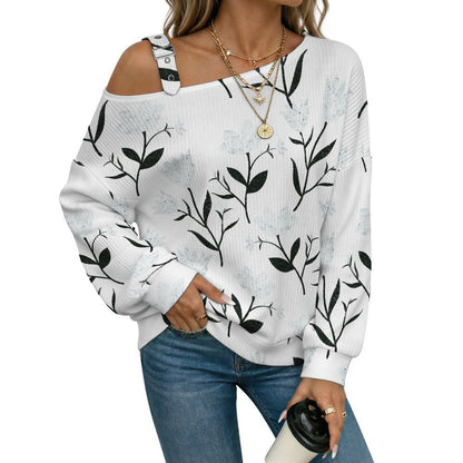 Off-the-shoulder Sweater White Flowers  Asymmetric Cold Shoulder Knit Sweater for Women, Adjustable Buckle Strap Long Sleeve Casual Slouchy Pullover