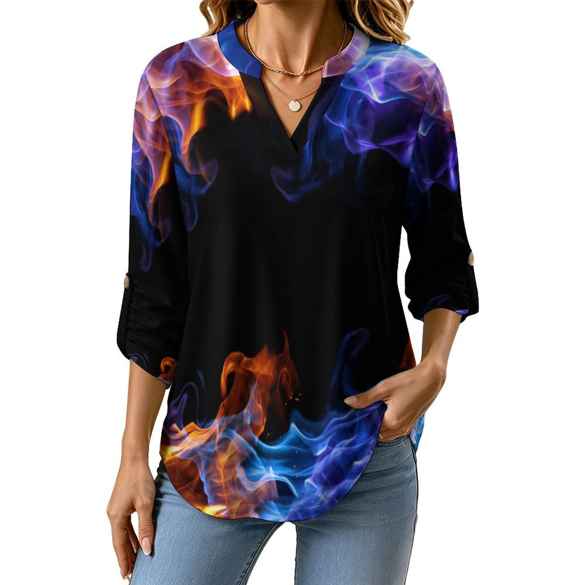 Stand-up Collar Long-sleeved Shirt Flame  Customization Women’s V-Neck Blouses,long Sleeve,Roll-Up Sleeve Shirt