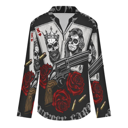 Stand-up Collar Long-sleeved Shirt Halloween, Poker, Skeletons  Customization Women’s V-Neck Blouses,long Sleeve,Roll-Up Sleeve Shirt