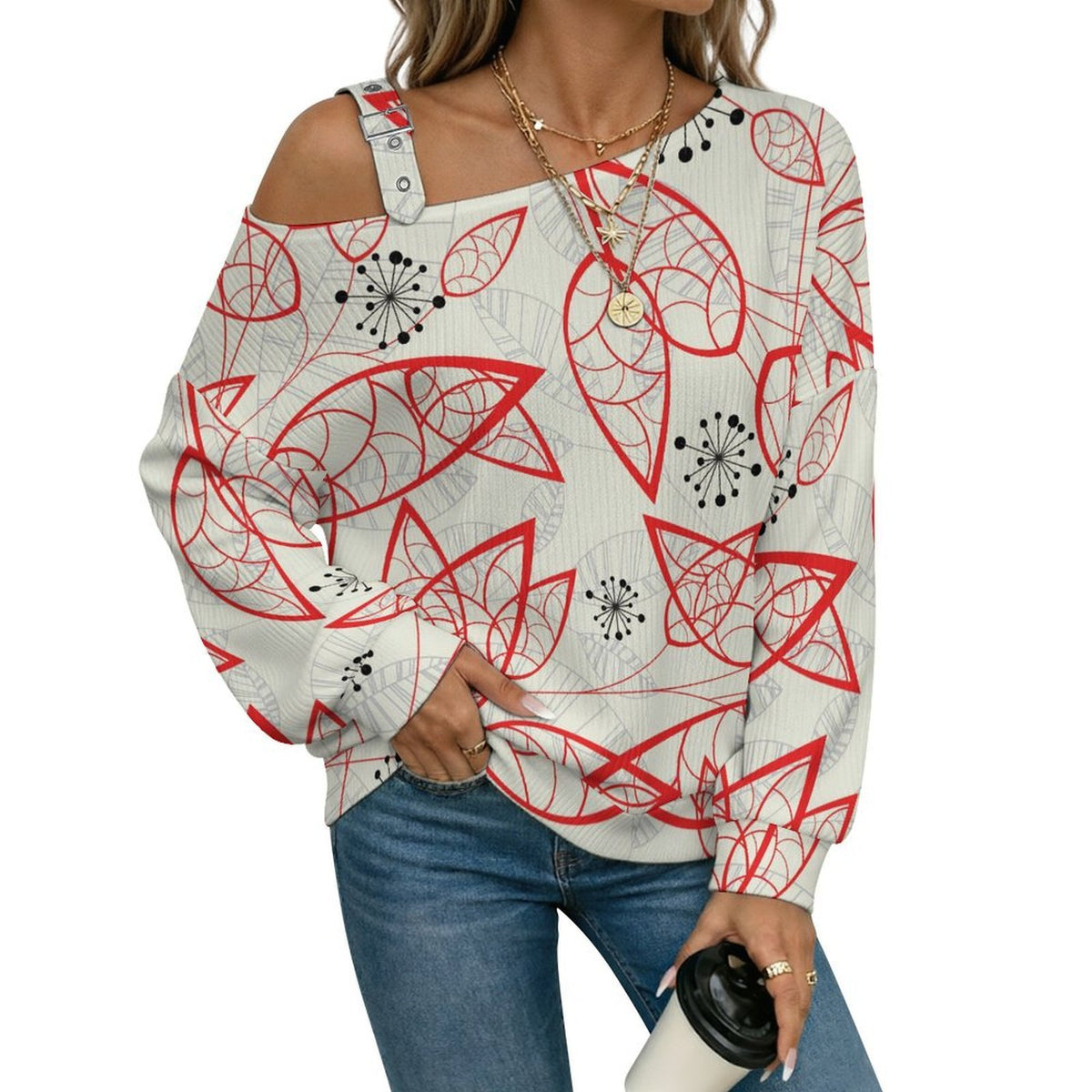 Off-the-shoulder Sweater Red Leaves, Flowers, Pattern Design  Asymmetric Cold Shoulder Knit Sweater for Women, Adjustable Buckle Strap Long Sleeve Casual Slouchy Pullover