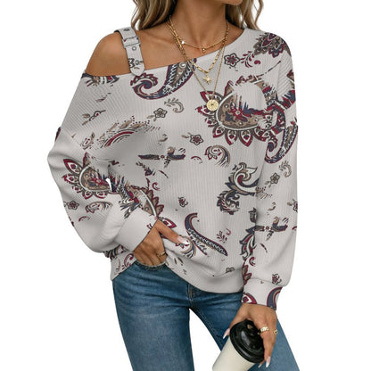 Off-the-shoulder Sweater Exotic Ethnic Pattern  Asymmetric Cold Shoulder Knit Sweater for Women, Adjustable Buckle Strap Long Sleeve Casual Slouchy Pullover