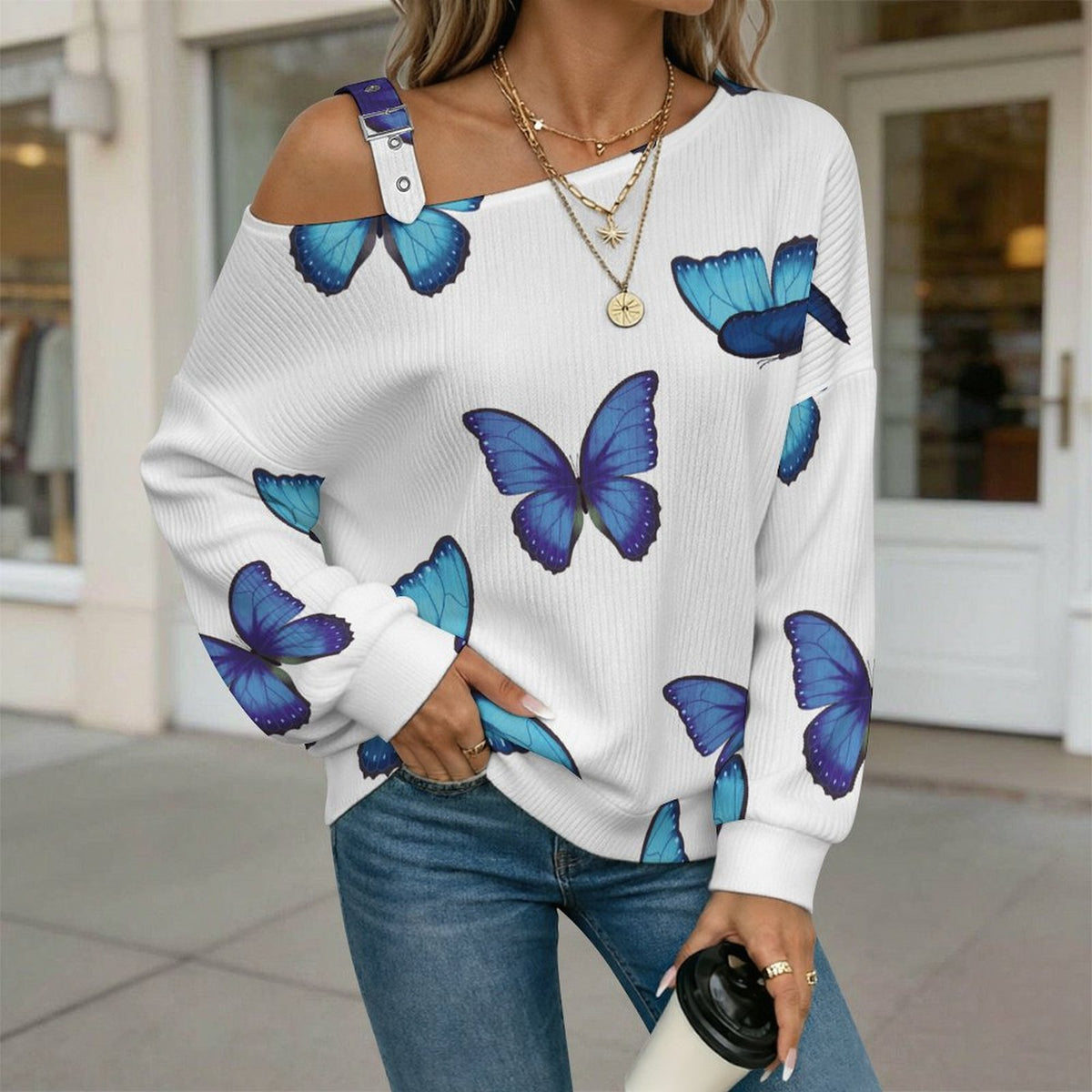 Off-the-shoulder Sweater Blue Morpho Butterfly Tile Decorative Pattern  Asymmetric Cold Shoulder Knit Sweater for Women, Adjustable Buckle Strap Long Sleeve Casual Slouchy Pullover