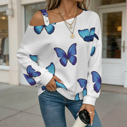 Off-the-shoulder Sweater Blue Morpho Butterfly Tile Decorative Pattern  Asymmetric Cold Shoulder Knit Sweater for Women, Adjustable Buckle Strap Long Sleeve Casual Slouchy Pullover