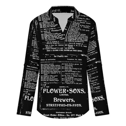 Stand-up Collar Long-sleeved Shirt Newspaper Vintage Dress white S Women’s V-Neck Blouses