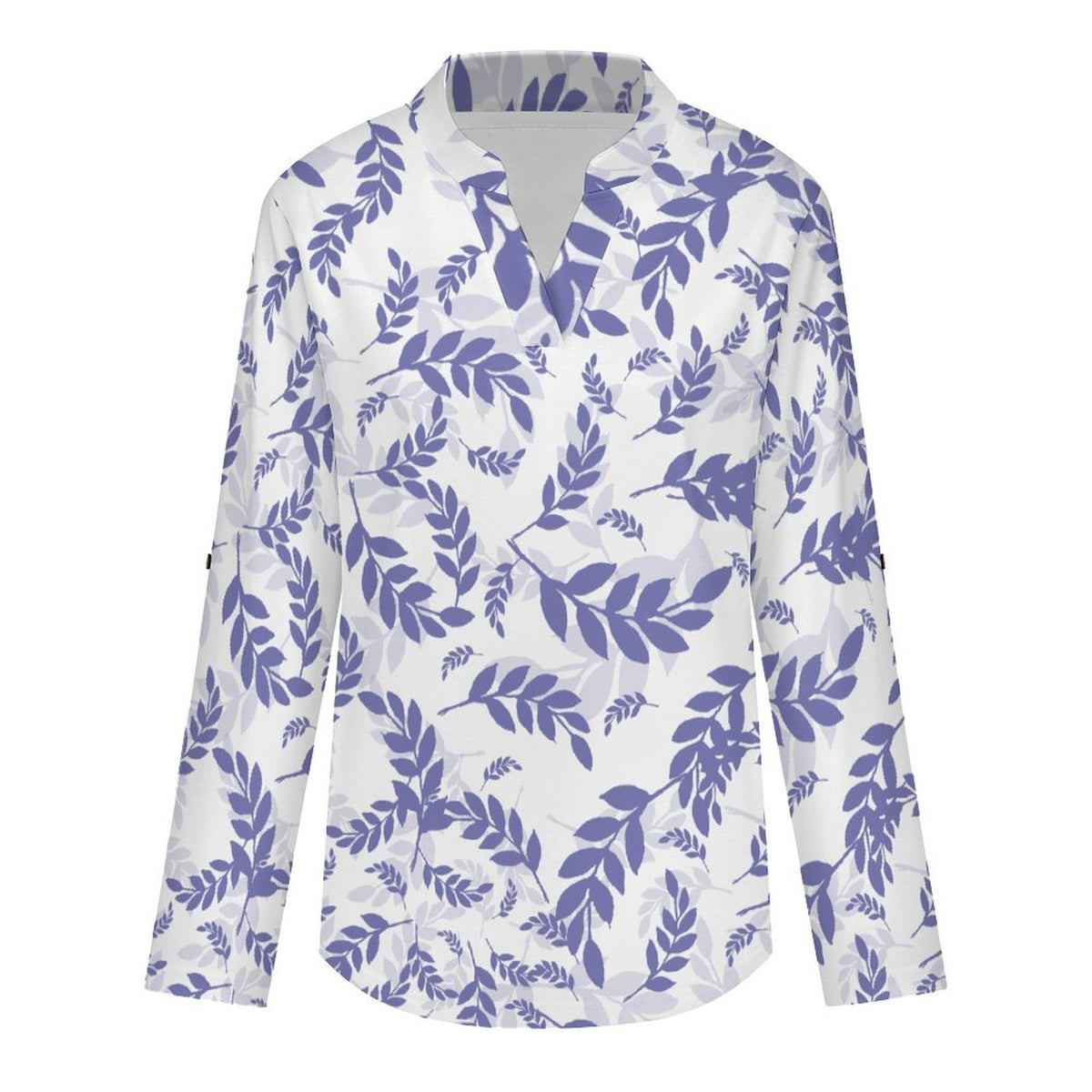 Stand-up Collar Long-sleeved Shirt Purple Leaves, Repeating Pattern white S Women’s V-Neck Blouses