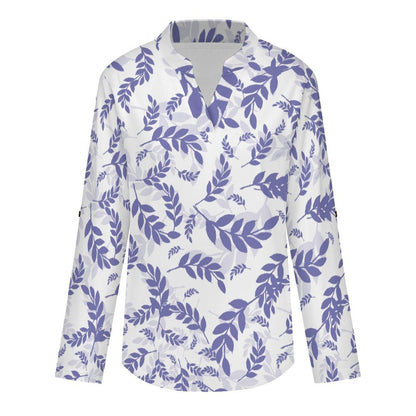 Stand-up Collar Long-sleeved Shirt Purple Leaves, Repeating Pattern white S Women’s V-Neck Blouses