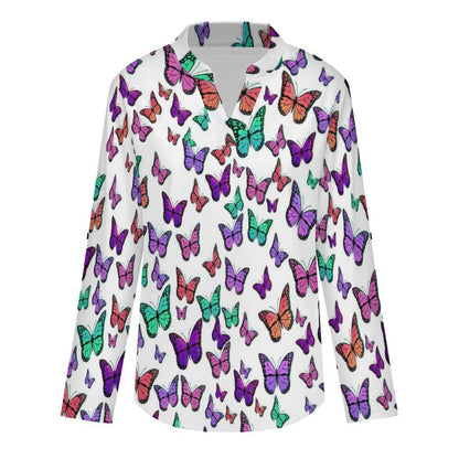 Versatile Notched V-Neck Tunic | Roll Tab 3/4 Sleeve Office Casual Top  Colorful Butterflies