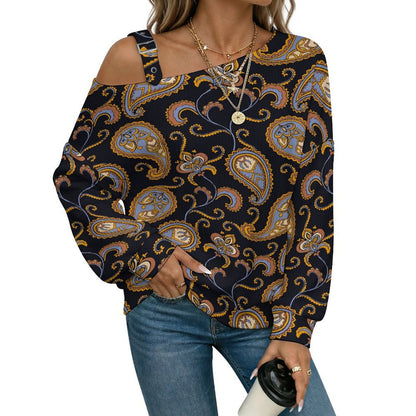 Fall Casual Asymmetric Shoulder Knit Top with Buckle Detail Paisley