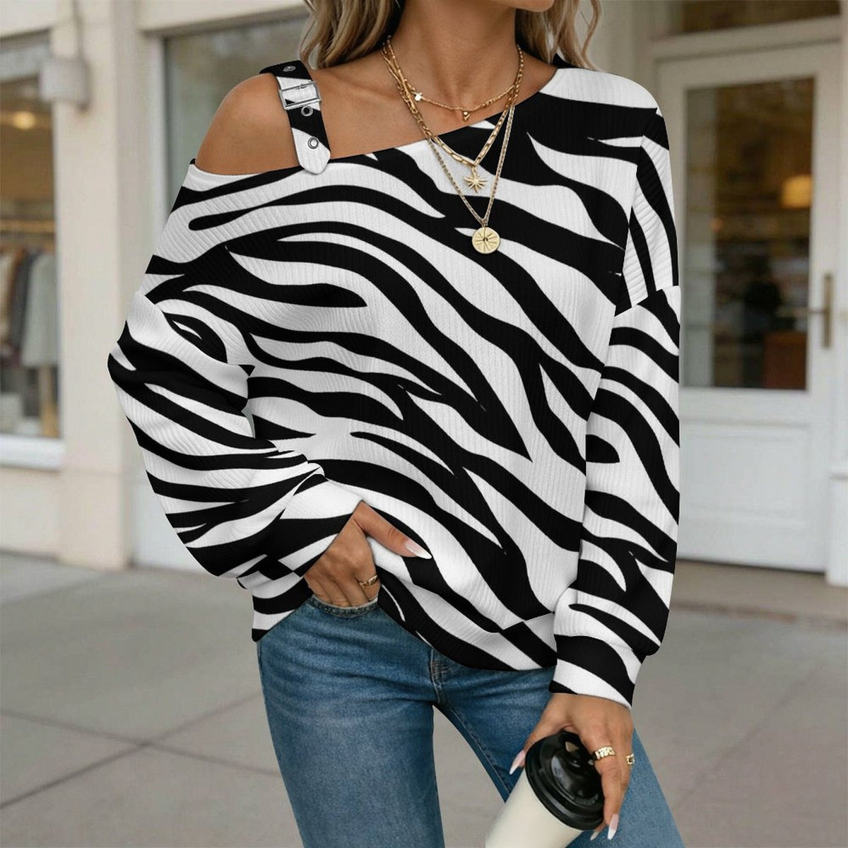 Long Sleeve Relaxed-Fit Solid Pullover Zebar Pattern
