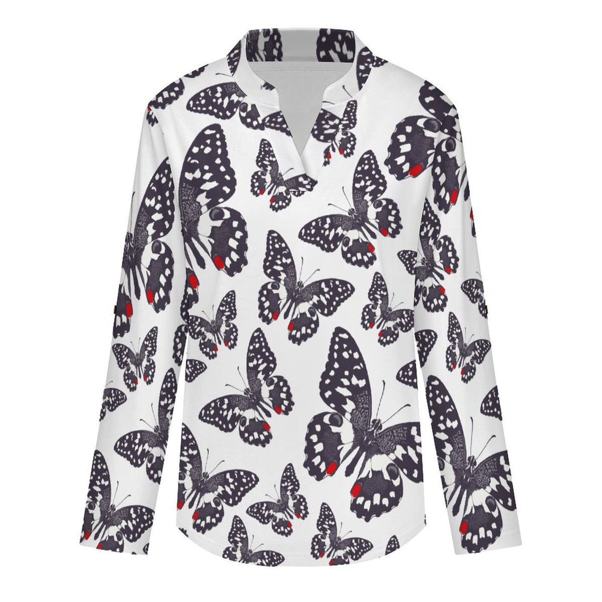 Women's Notched V Neck Tunic Tops, Roll Up 3/4 Sleeve Button Cuff Casual Blouse, Hem Loose Work Shirts  Butterfly, Repeating Pattern
